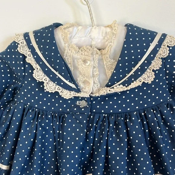 Vintage Martha's Miniatures baby dress petticoat navy blue polka dot sz 1